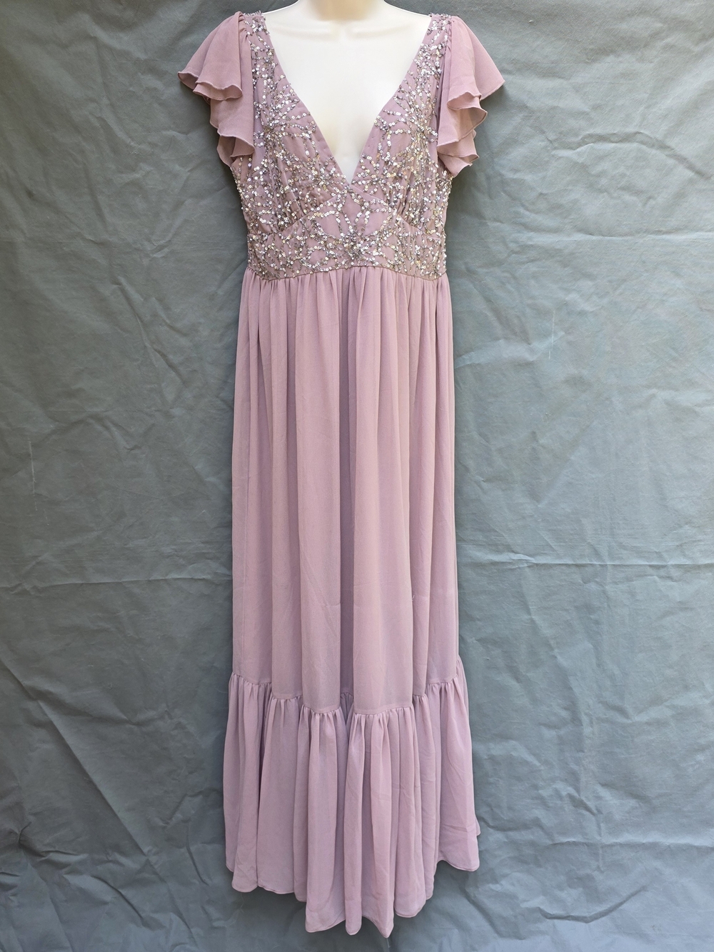 BHLDN Anthropologie Sequi  V-Neck Flutter Sleeve Maxi Dress Blush Pink Daphne